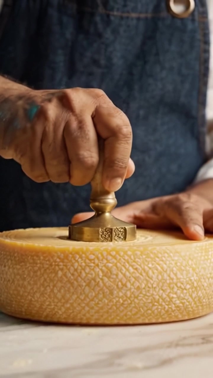 Authentischen Käse herstellen: Die Kunst des Pressens und Formens mit einem traditionellen Holzwerkzeug für perfekte Textur und Geschmack in der handwerklichen Käseherstellung