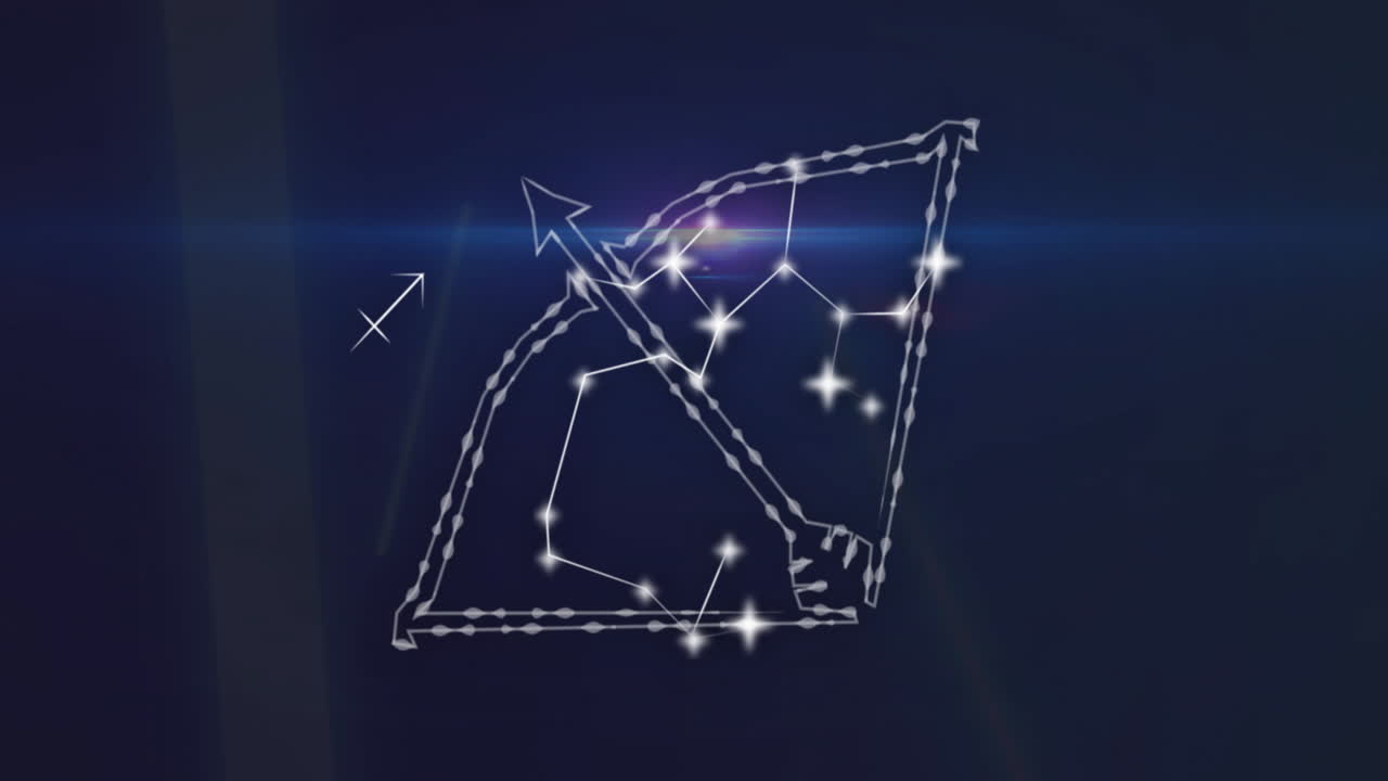 검은색 배경에 움직이는 연결된 사지타리우스 기호와 렌즈 플레어의 애니메이션