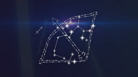 animation of connected sagittarius symbol and lens flares moving against black background