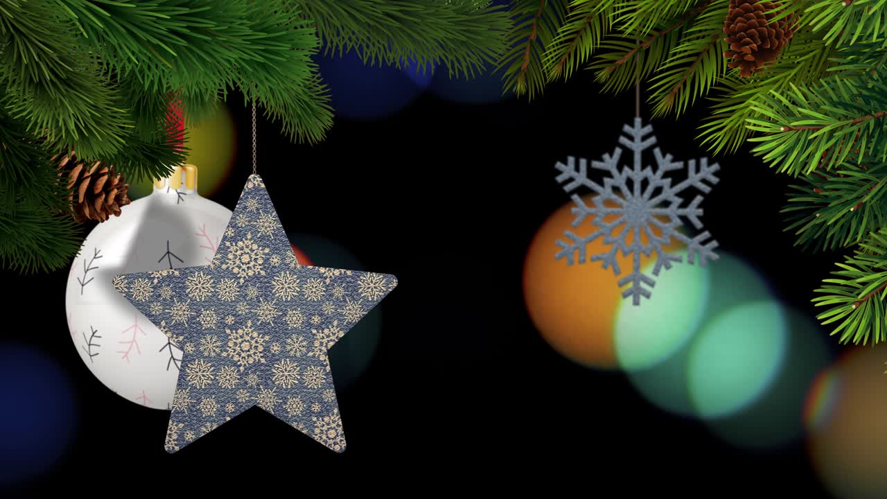 los adornos de navidad y los pinos se balancean en un fondo bokeh en bucle