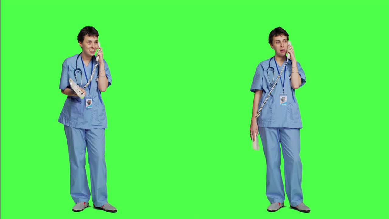 체크업 약속을 하기 위해 고정 전화 통화에 응답하는 간호사