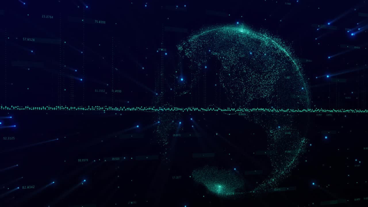 Animation of digital information line and globe of glowing points of green light rotating on cosmos