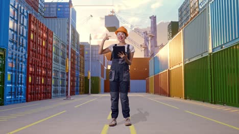 cuerpo lleno de mujer asiática trabajadora con gafas de protección y casco de seguridad sonriendo y señalando a una tableta en su mano mientras estaba de pie en el depósito de contenedores