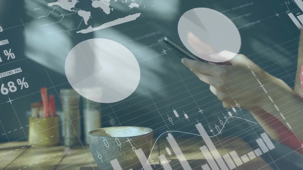 Animation of statistical data processing against mid section of a man using smartphone at a cafe