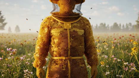 a portrait of a beekeeper dressed in honeycomb apparel surrounded by vibrant wildflowers and buzzing bees under a clear blue sky