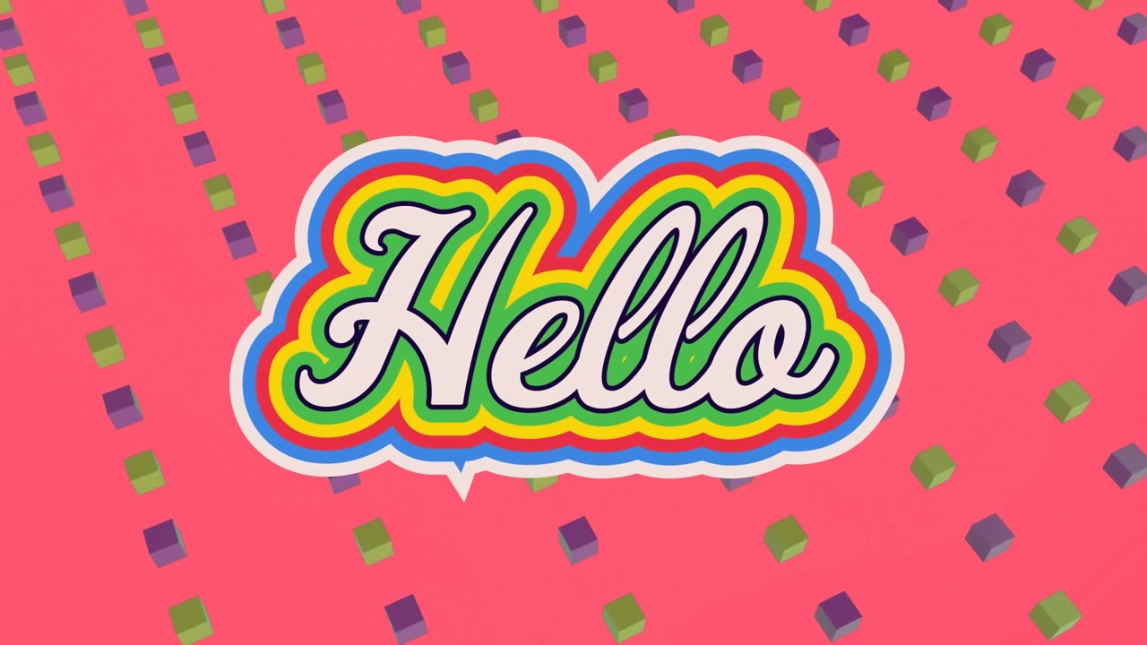Animated Hello Text with Colorful Floating Cubes on Pink Background