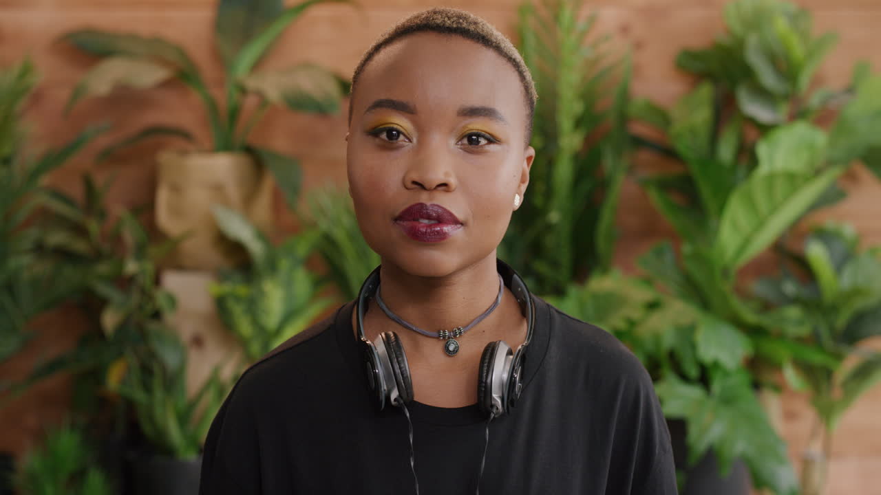 portrait of young african american woman looking serious attractive black female student wearing stylish fashion plants background