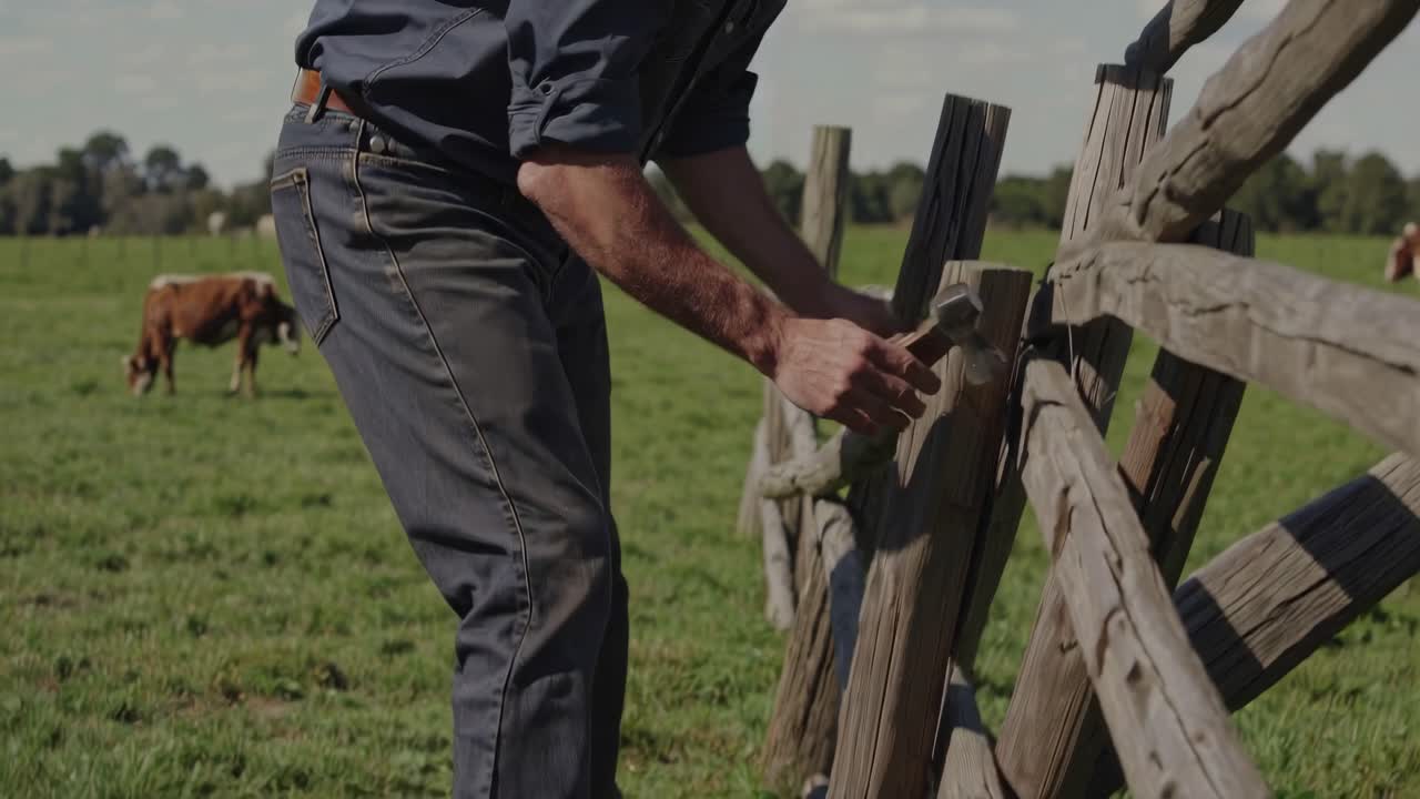 Farmer Repairing a Wooden Fence