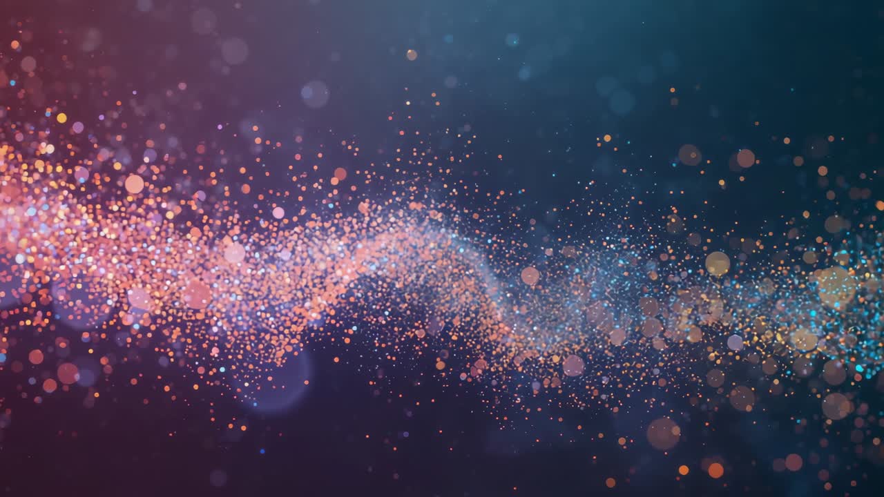 Animating glowing orange and blue ribbon flowing across digital canvas, with bokeh halos forming