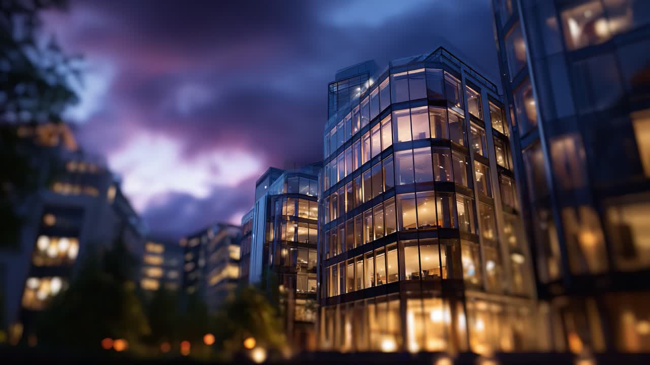 Arquitetura moderna iluminada: uma vista deslumbrante de estruturas de arranha-céus sob o céu crepuscular, exibindo fachadas de vidro e designs exclusivos em ambientes urbanos