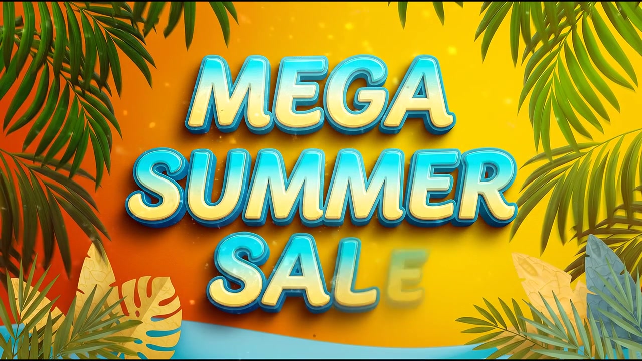 Animación promocional de Mega Rebajas de Verano con tipografía 3D azul y un fondo de vacaciones tropical.