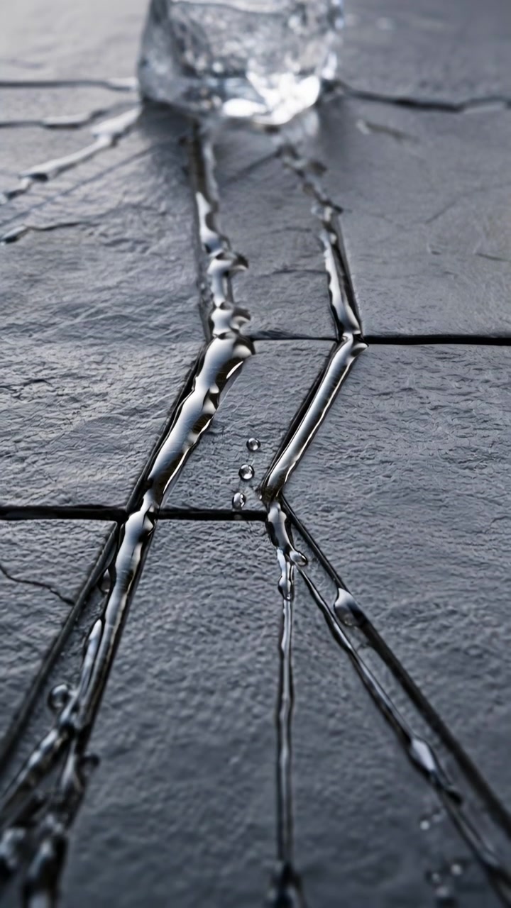 Acqua di fusione limpida si diffonde da un cubo di ghiaccio traslucido, formando rivoli lucidi e goccioline sparse su piastrelle ruvide color carbone, mentre la messa a fuoco si sposta in avanti lungo i dettagli della superficie bagnata.