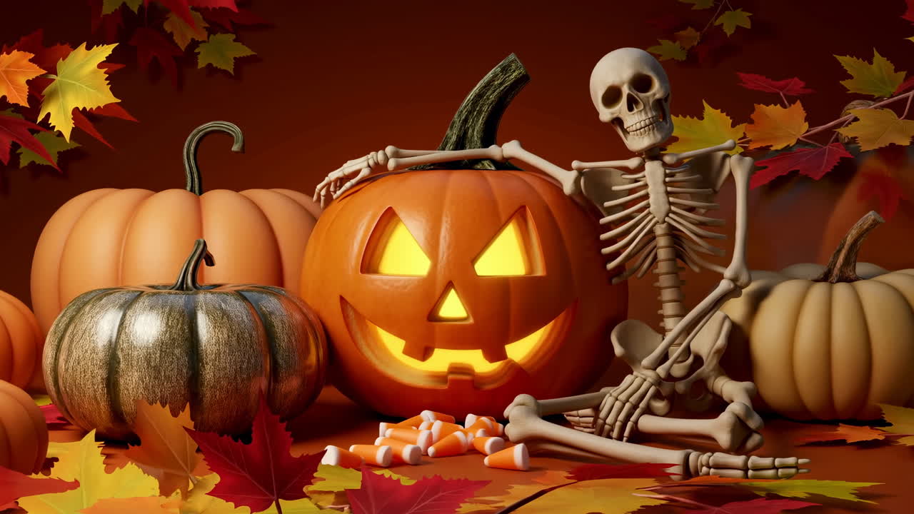 Glowing Jack-o'-Lantern and Skeleton with Pumpkins and Autumn Leaves