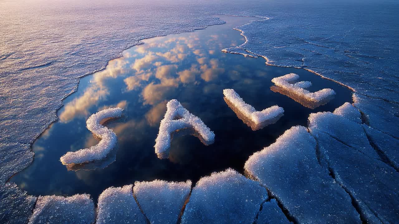 An Eye-Catching Ice Pool Reflects a Beautiful Sky with the Word 'SALE' Spelled Out in Ice, Creating a Unique Visual Marketing Presentation in a Natural Landscape