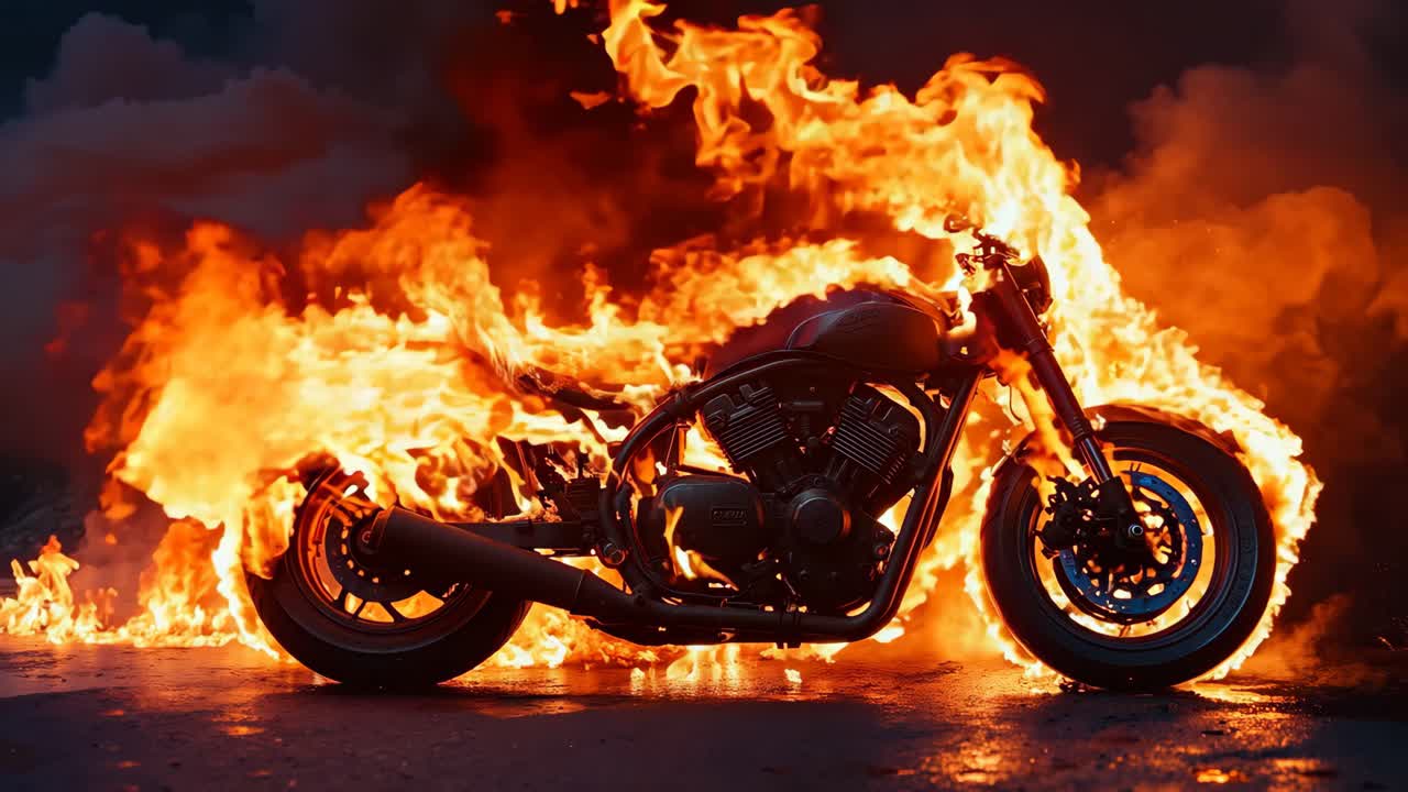 오토바이가 도로에서 불꽃에 싸여 있다