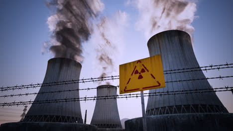 nuclear power plant caution sign and barbed wire mounted at the foot of three large tall cement chimneys exhausting smoke and fumes into the atmosphere, sunset.