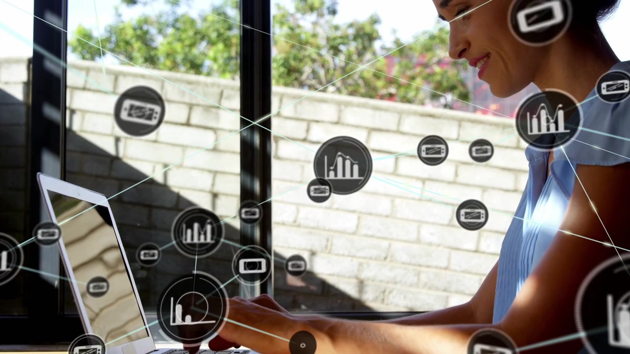 Woman typing on laptop at window, starting animated data nodes linking laptop to face, showing flow