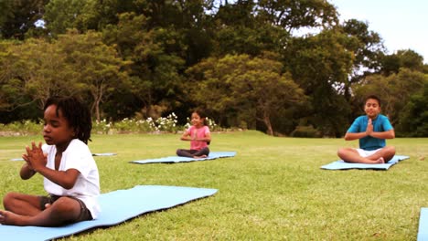 group of kids performing yoga in park