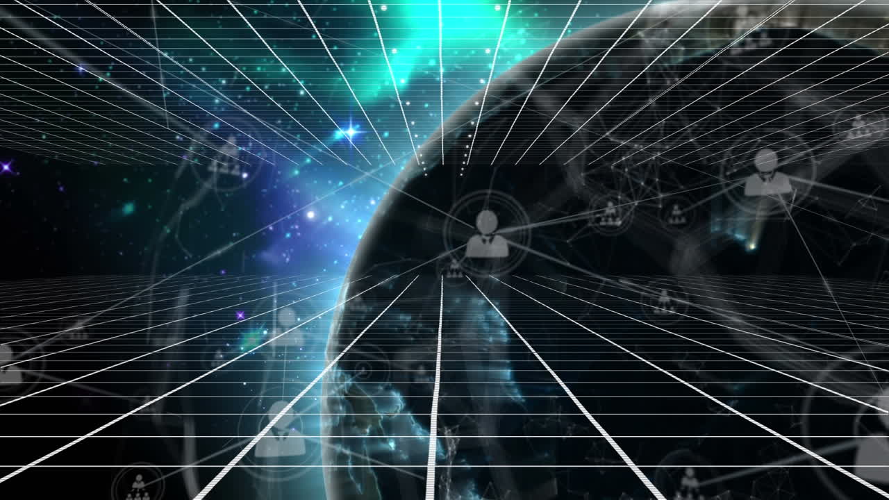 검은 바탕 위의 연결 네트워크와 지구의 애니메이션