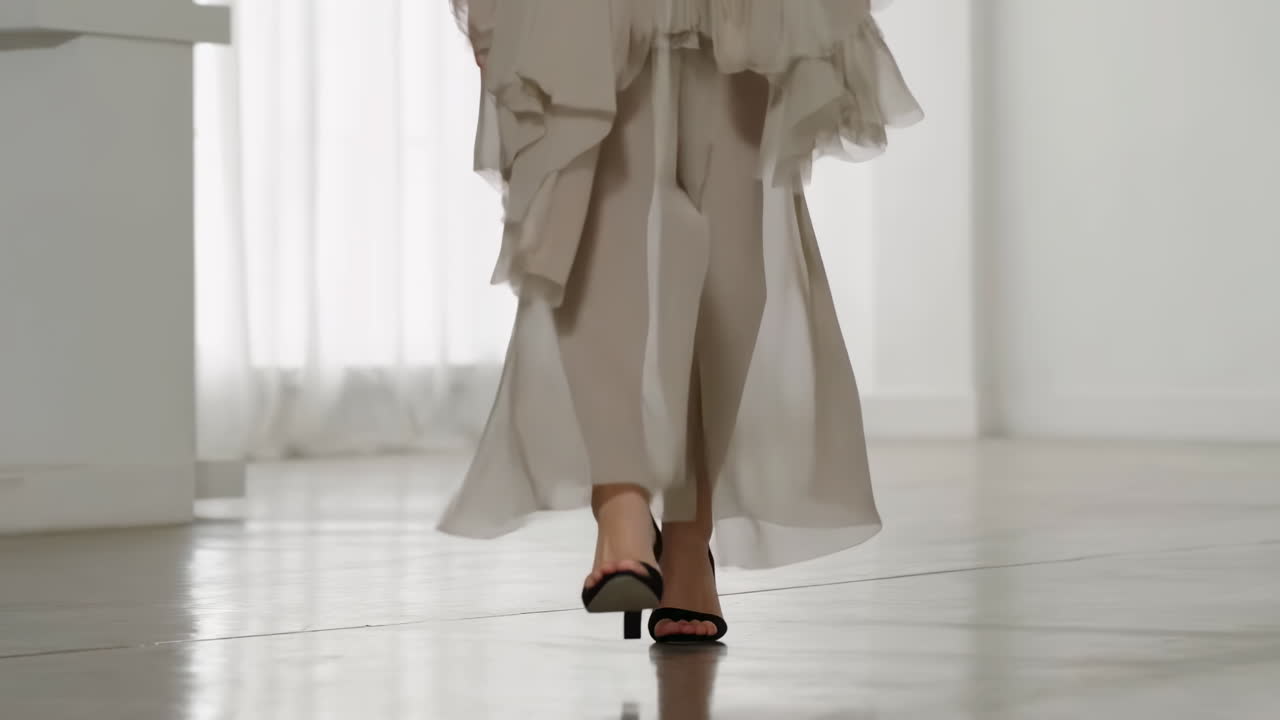 Nærbillede af modelben med flagrende chiffonskjole, elegant kvindelig model går langsomt på catwalk i lyst studie, neutral