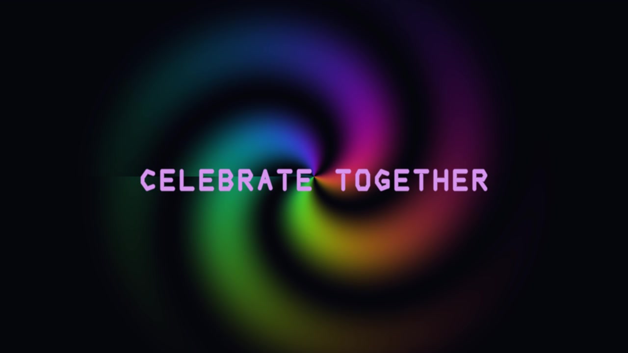 Regenbogenspektrum-Nachrichtenanimation. Diese Animation zeigt einen lebhaften Farbwirbel mit dem Text „Celebrate Together“ in einer fetten Schriftart. Der Hintergrund ist dunkel, was die Helligkeit der Farben verstärkt.