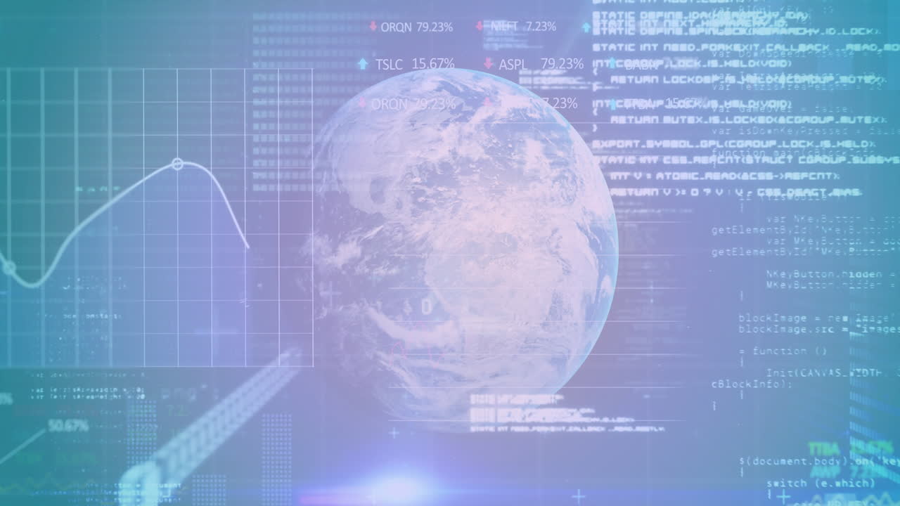 Financial data and graphs overlaying animation of Earth on digital blue background