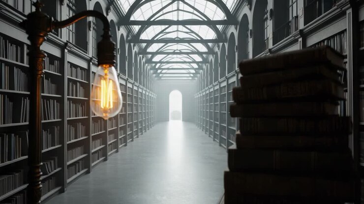 Vintage Library with Stack of Books and Lamp