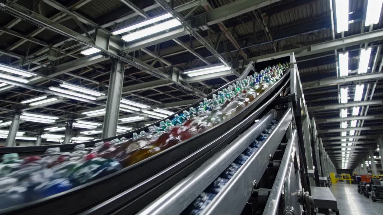 Conveyor belt with plastic bottles in a factory. Bottles move on conveyor belt. Industrial setting