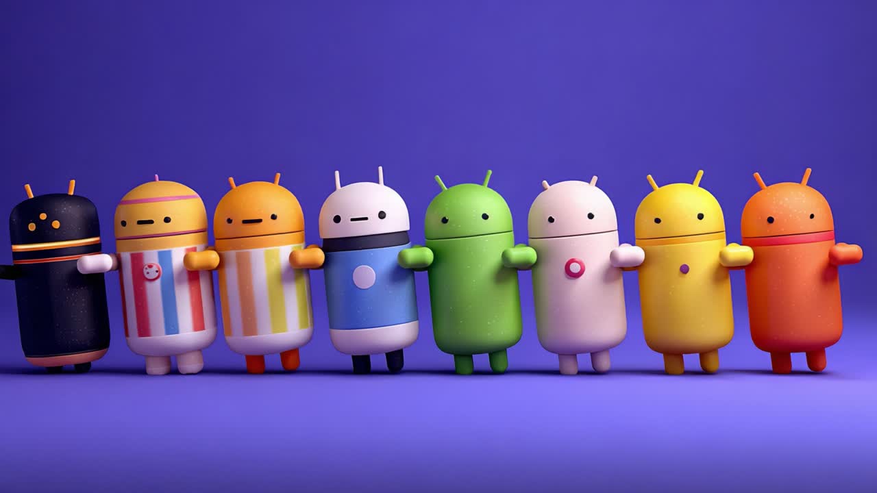 Row of eight colorful and funny little android robots holding hands and dancing a synchronized choreography on a purple background. Concepts of teamwork, friendship, unity, and technology