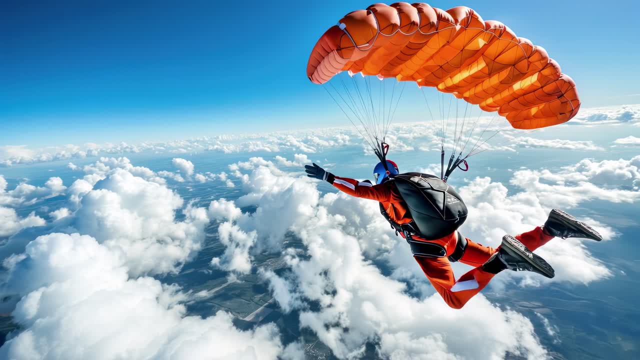 Skydiver in orange suit and parachute free-falling through clouds