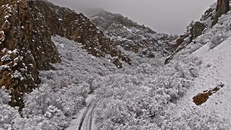 Panorámica-De-Camiones-Aéreos-Establece-La-Boca-De-Un-Gran-Cañón-De-Cuarzo-Con-árboles-Y-Rocas-Cubiertas-De-Nieve.