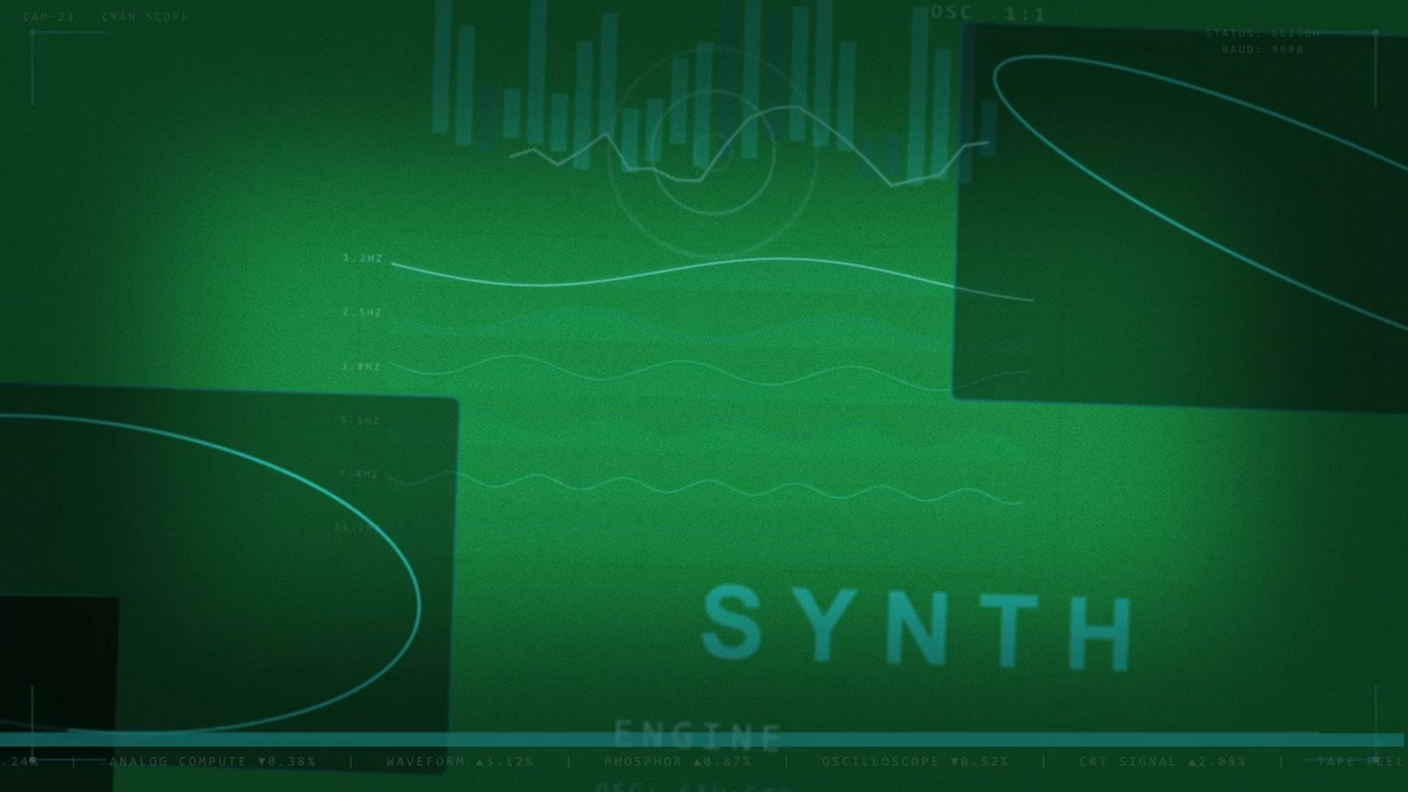 Vertical video: Opening SYNTH ENGINE HUD animating waves, bar meter, pulsing rings on clear stage