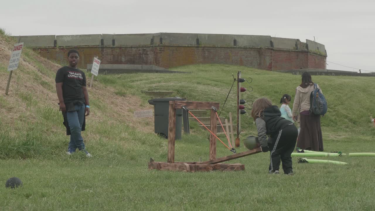 Catapult demonstrated at a renaissance fair, Philadelphia Renaissance Fair, Fort Mifflin, Pennsylvania