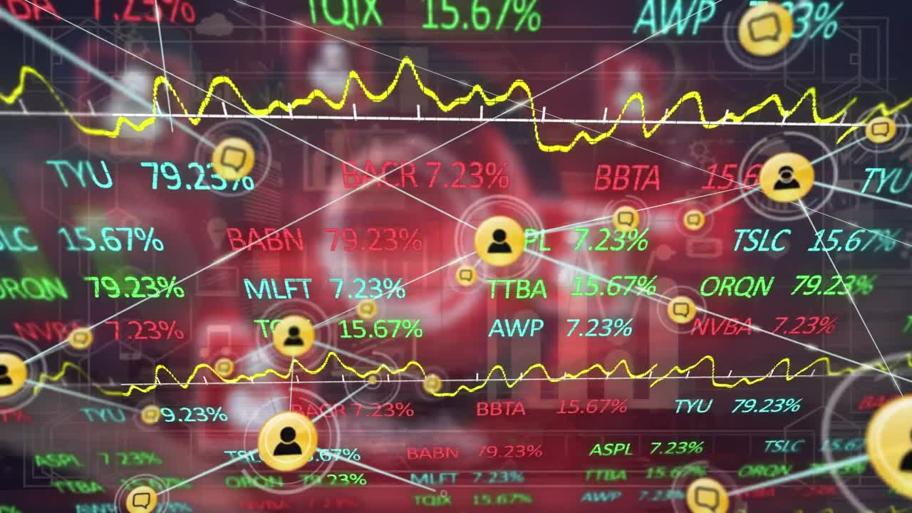 프로필 아이콘 네트워크의 애니메이션과 빨간색 배경에 대한 주식 시장 데이터 처리