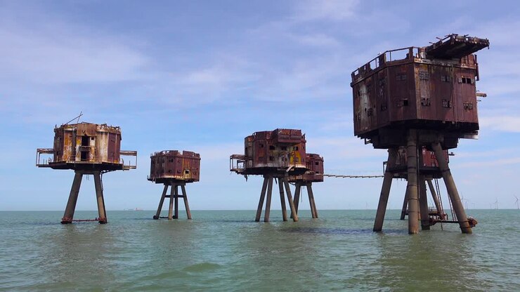 The Maunsell Forts old World War two structures stand rusting on stilts in the Thames River Estuary in England 3
