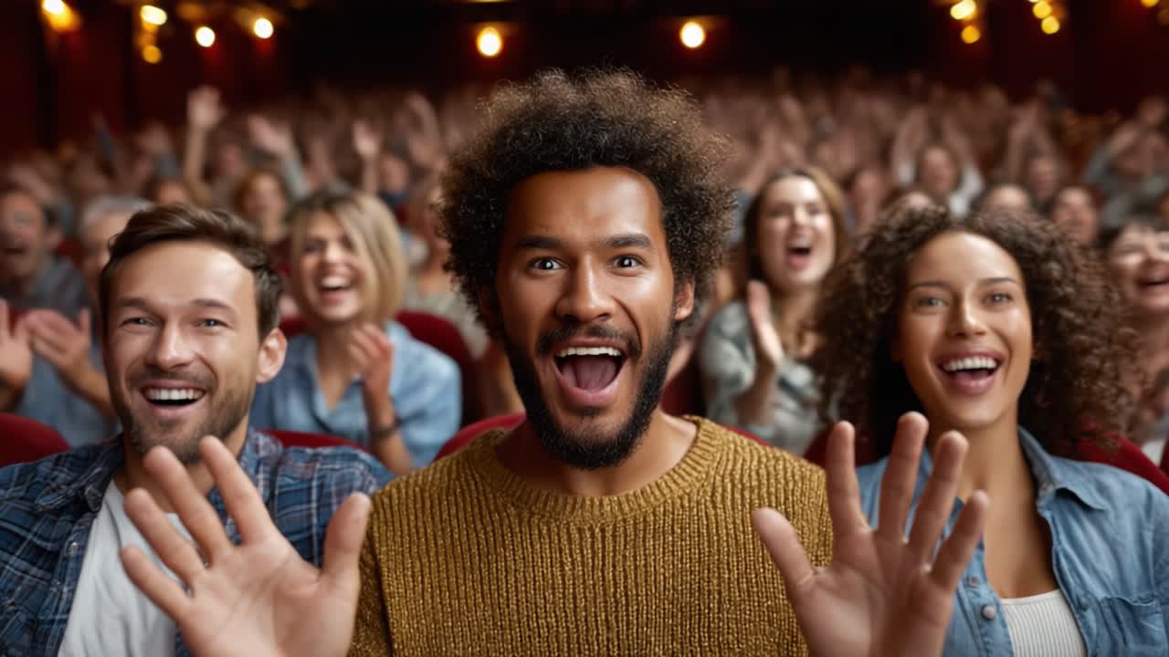 Audience Expresses Joy and Excitement in a Movie Theater Filled with Laughter and Enthusiasm, Highlighting a Memorable Cinematic Experience