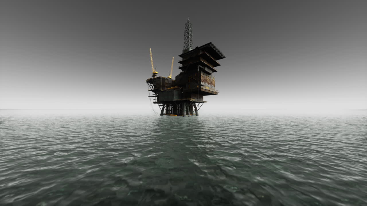 olieplatform og offshorefartøj ved solnedgang
