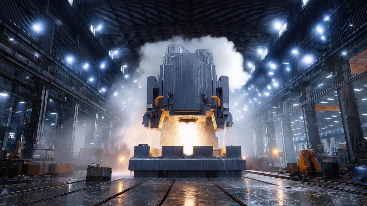A Dynamic Industrial Scene with Huge Machinery Generating Sparks and Smoke in a Well-Lit Factory Environment Filled with Equipment and Technology
