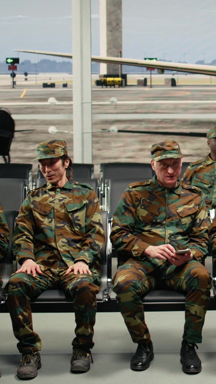 Video verticale: Uomini dell'esercito di diverse etnie che discutono, seduti su una panca nella lounge dell'aeroporto.