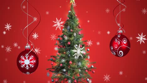 Animation-of-snow-falling-over-christmas-baubles-and-christmas-tree-on-red-background