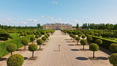 cinematic retreating drone view shows lone figure in vast symmetrical park