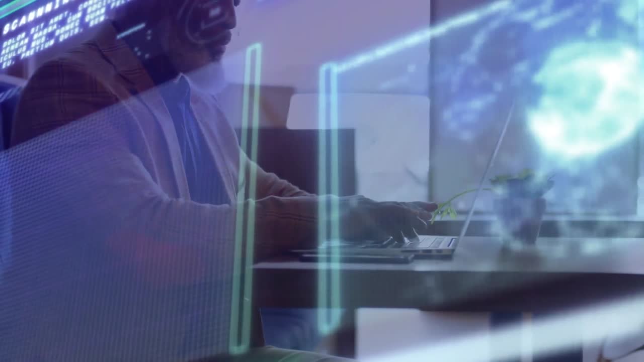 Animation of data processing over african american man using laptop