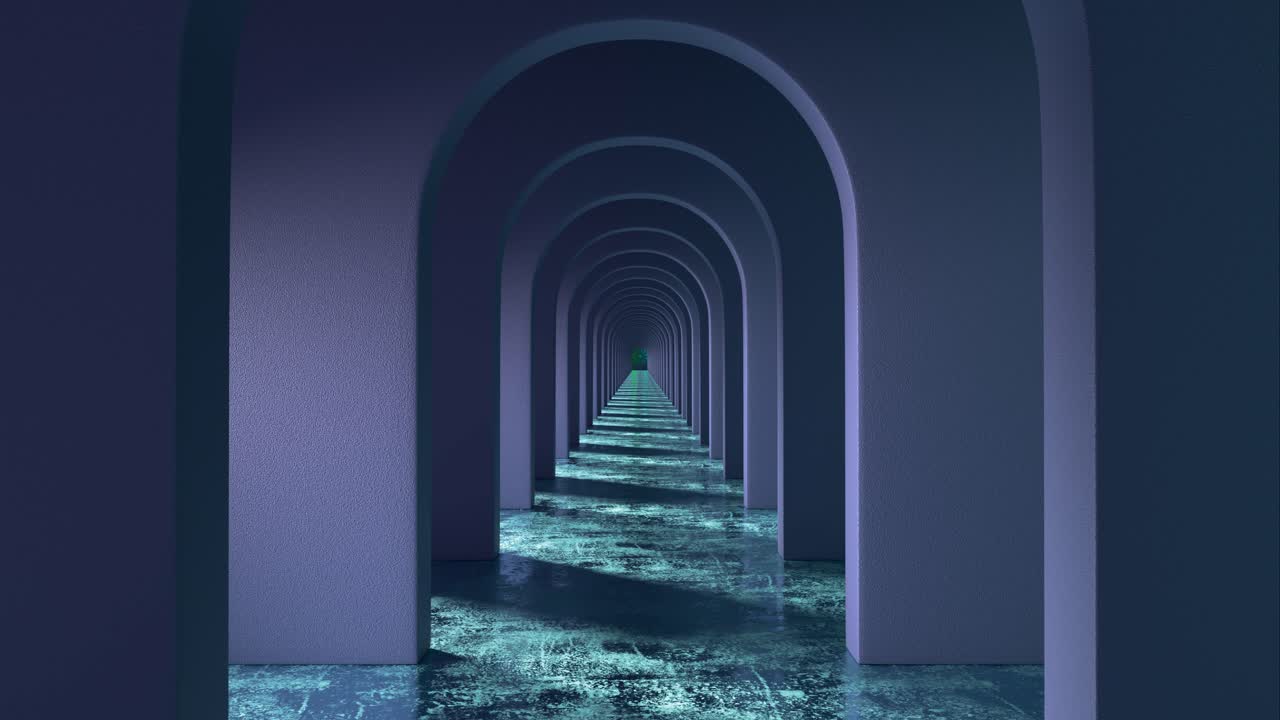 3D render of endless blue arch hallway