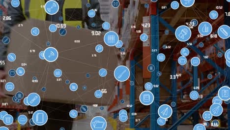 Animation-Eines-Netzwerks-Von-Verbindungen-Mit-Tech-Ikonen-über-Einem-Kaukasischen-Männlichen-Lagerarbeiter