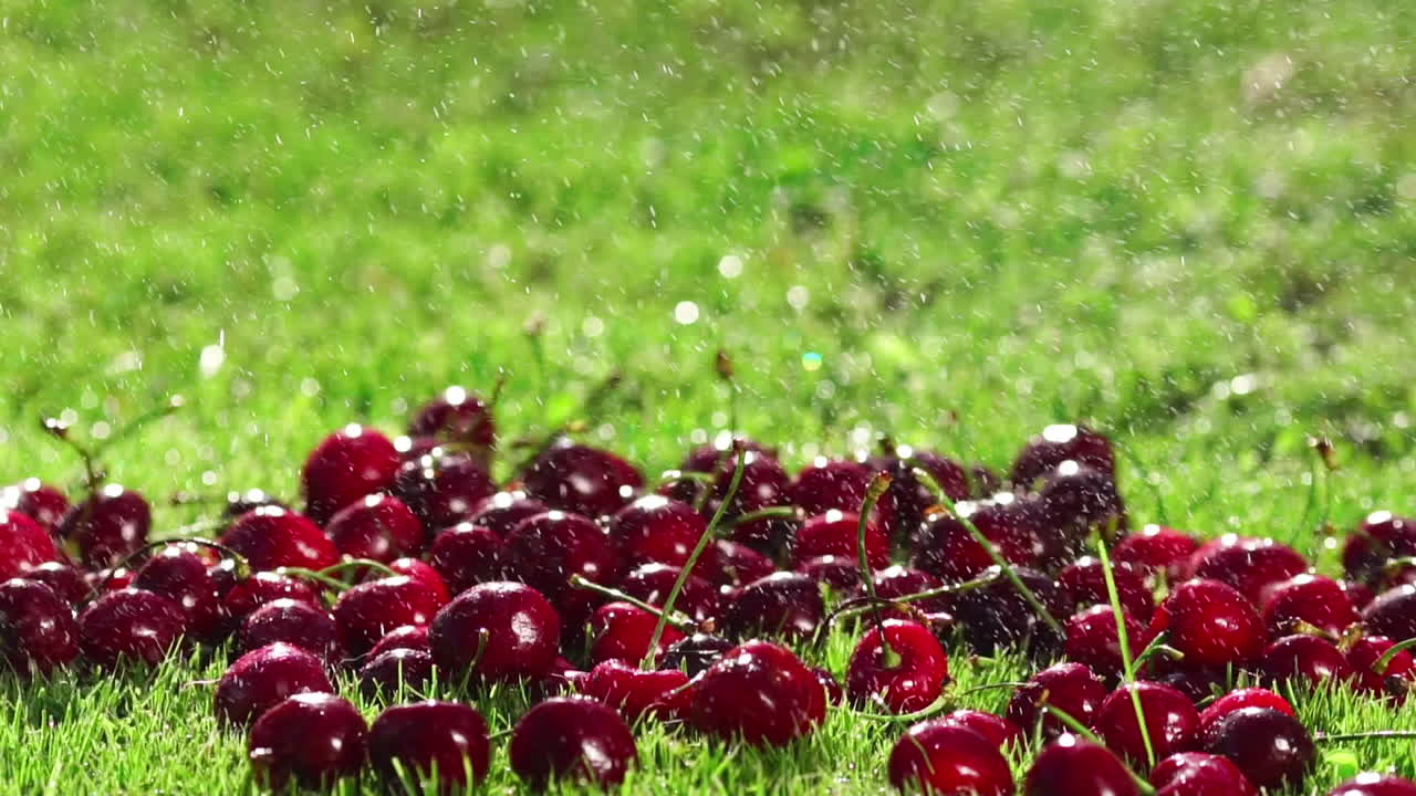 Red berries of ripe cherries fall on the green grass in slow motion