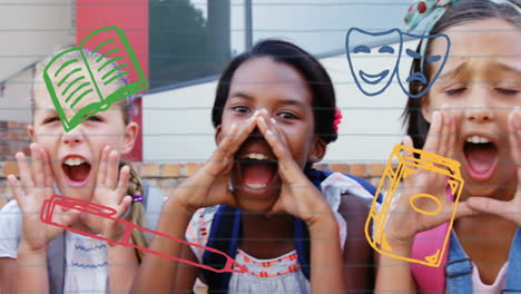 multiple school concept icons against diverse students screaming on stairs at elementary school