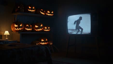 a spooky halloween scene featuring sinister jack-o'-lanterns and a creepy television show, creating an atmosphere of fear and mystery in a dimly lit room
