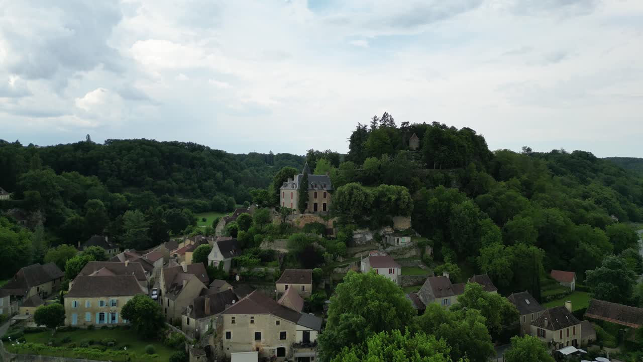 Rising drone,aerial  Limeuil village Dordogne France