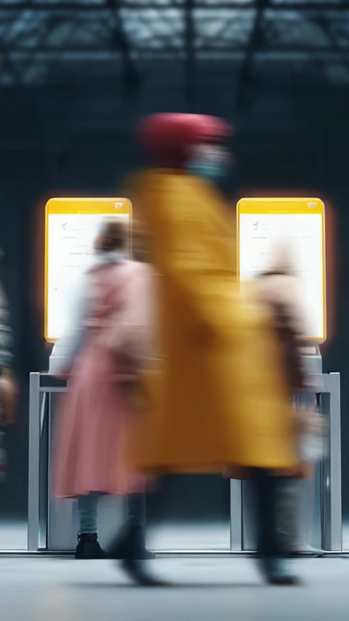 Dynamic urban scene featuring blurred figures passing by interactive information kiosks in a modern indoor space, highlighting technology and movement