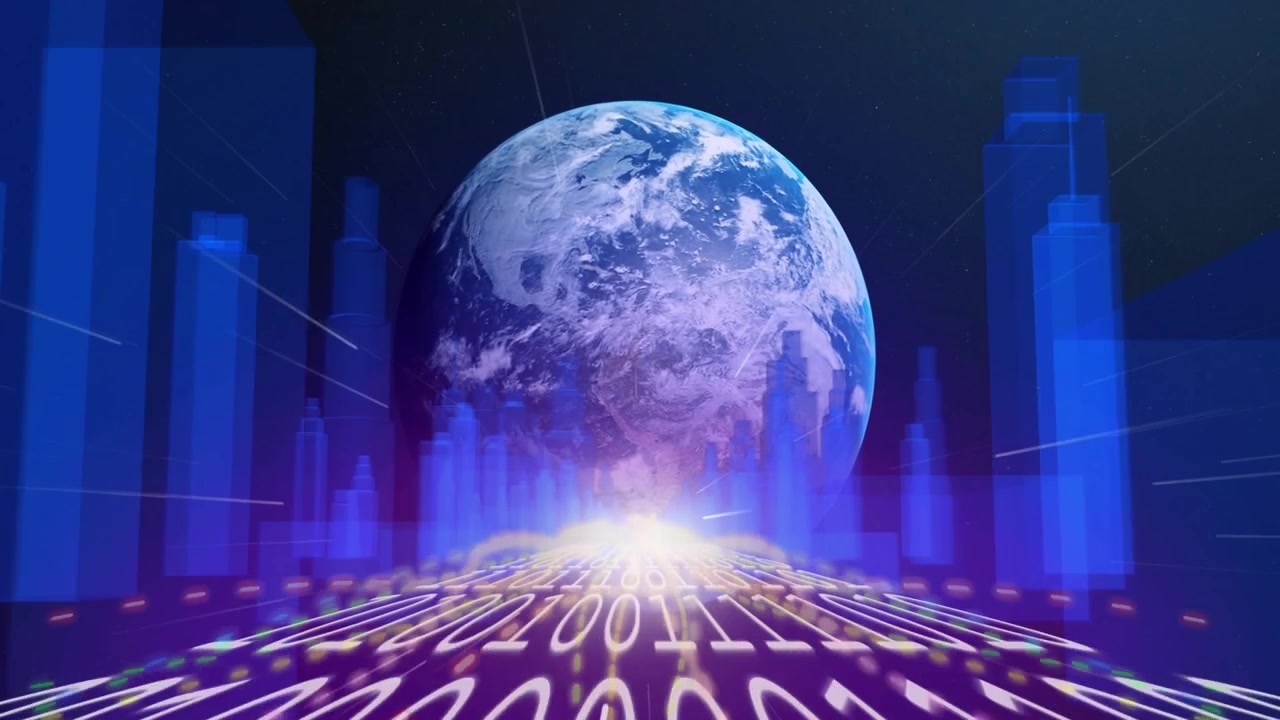 Horizon flare igniting globe rising, rotating, binary grid scrolling, bars pulsing, streaks arcing